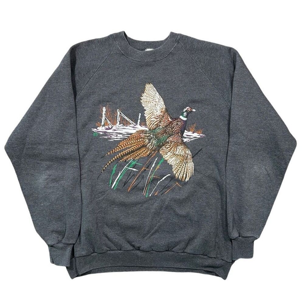 Vintage 1980s Pheasant Bird Graphic Grey Crewneck Sweatshirt